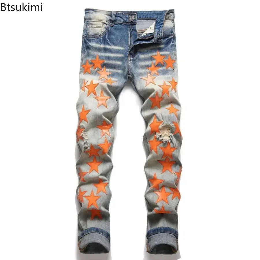 2025 New Fashion Men's High Street Stars Patchwork Jeans Slim Stretch Holes Ripped Denim Pants Streetwear Distressed Jeans Male