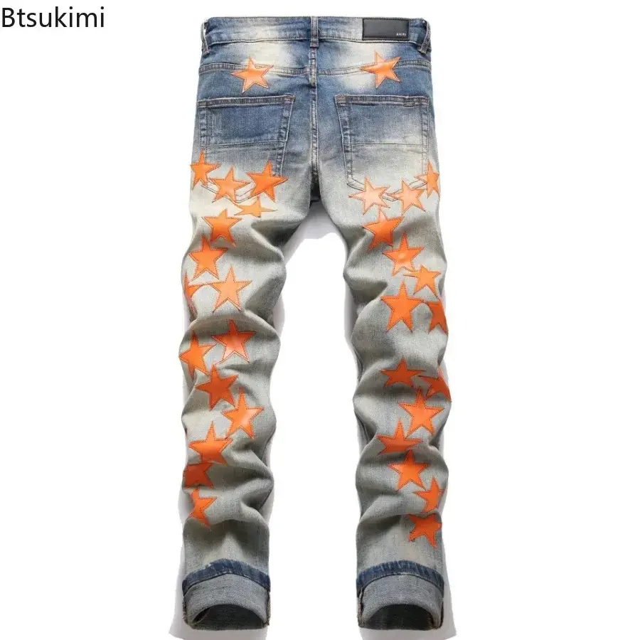 2025 New Fashion Men's High Street Stars Patchwork Jeans Slim Stretch Holes Ripped Denim Pants Streetwear Distressed Jeans Male