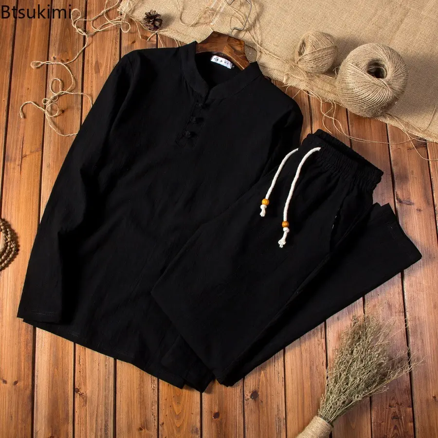 Men's Chinese Traditional Clothing Breathable Cotton Linen Two Piece Set Loose Casual Suit Men Tai Chi Kung Fu Costume Tang Suit