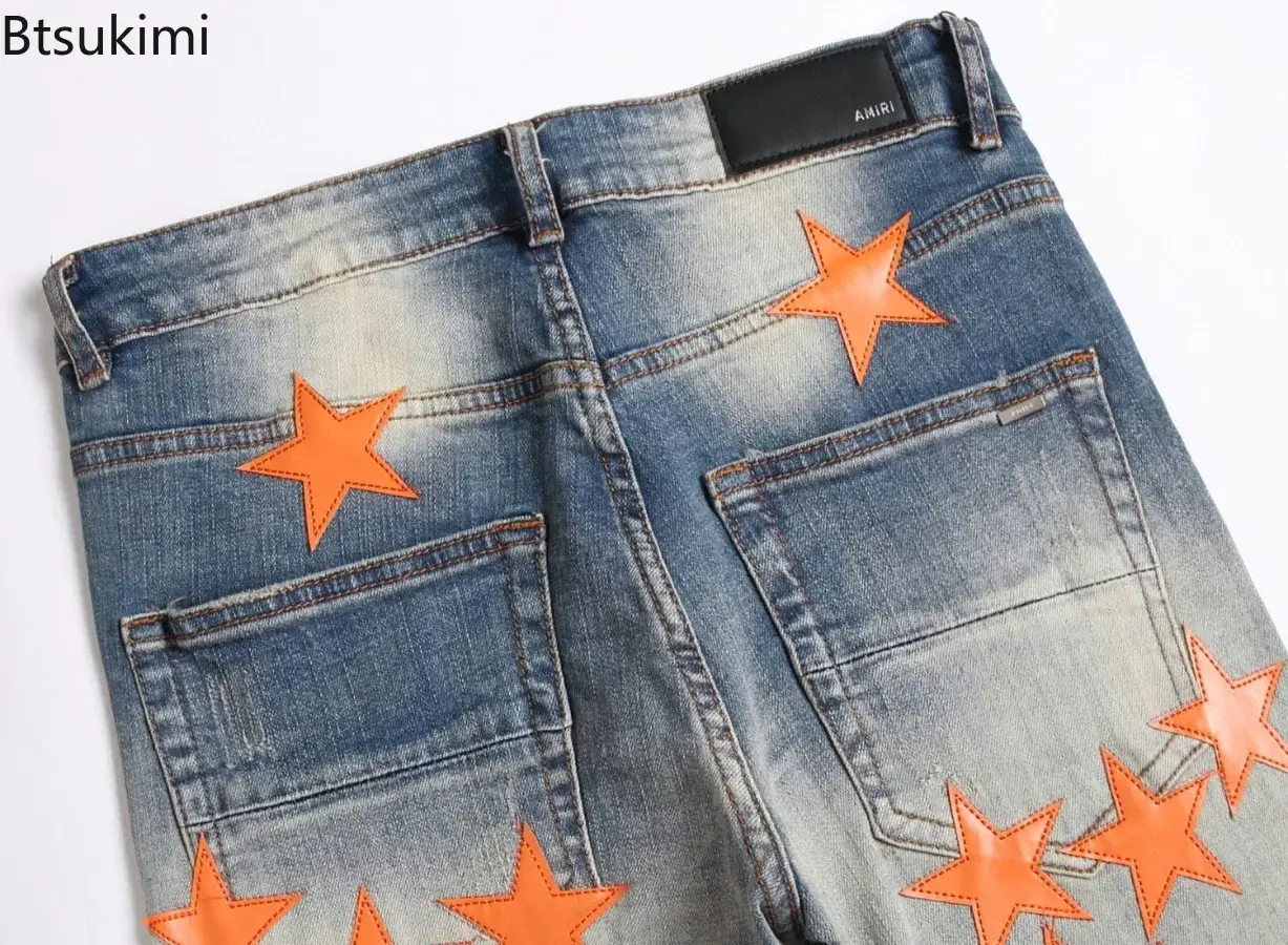2025 New Fashion Men's High Street Stars Patchwork Jeans Slim Stretch Holes Ripped Denim Pants Streetwear Distressed Jeans Male