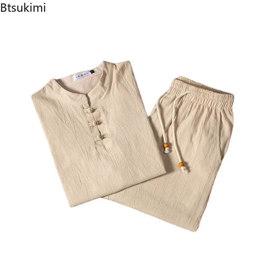 Men's Chinese Traditional Clothing Breathable Cotton Linen Two Piece Set Loose Casual Suit Men Tai Chi Kung Fu Costume Tang Suit