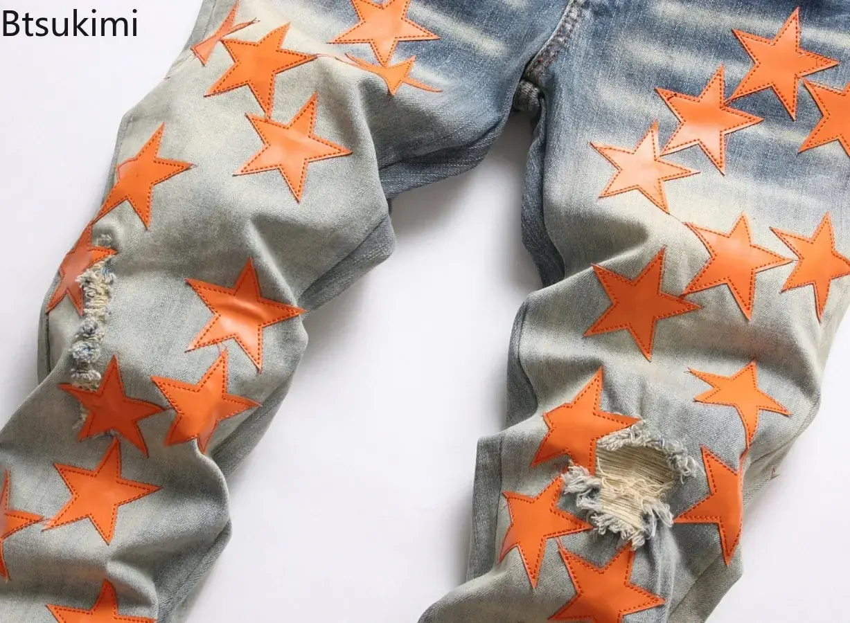 2025 New Fashion Men's High Street Stars Patchwork Jeans Slim Stretch Holes Ripped Denim Pants Streetwear Distressed Jeans Male