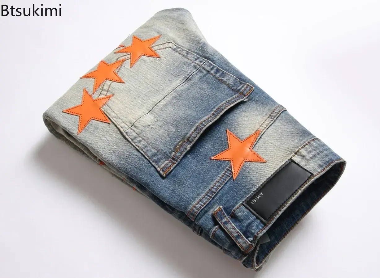 2025 New Fashion Men's High Street Stars Patchwork Jeans Slim Stretch Holes Ripped Denim Pants Streetwear Distressed Jeans Male