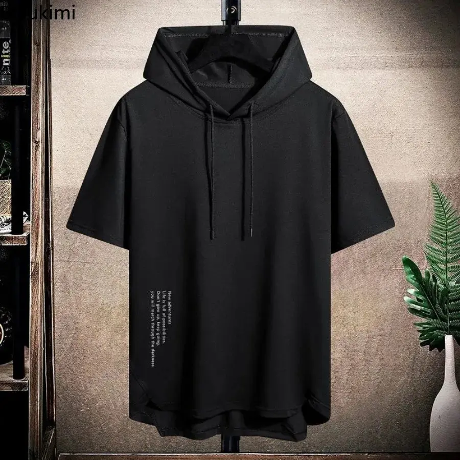 New Men's T-shirt Solid Loose Sweatshirt Breathable Short Sleeve Drawstring Hooded Pullover Tops Summer Men Sport Versatile Tees