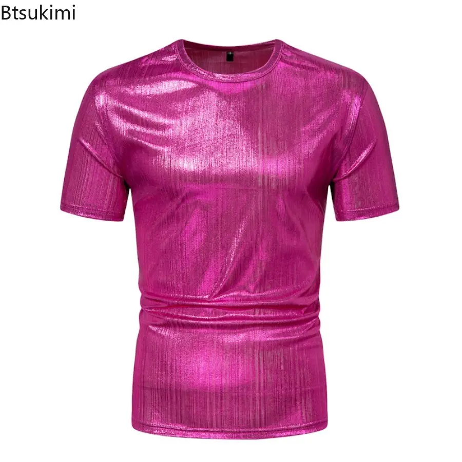 Men's Summer Street Style Hip Hop Short Sleeve T-shirts Fashion Glossy Shinny Solid Casual Tops Men Simple Slim Disco Party Tees