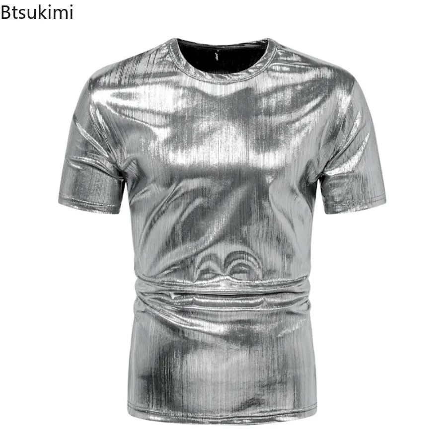 Men's Summer Street Style Hip Hop Short Sleeve T-shirts Fashion Glossy Shinny Solid Casual Tops Men Simple Slim Disco Party Tees