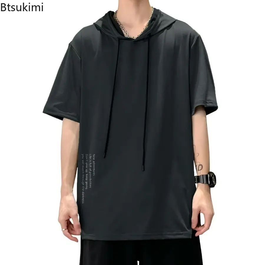 New Men's T-shirt Solid Loose Sweatshirt Breathable Short Sleeve Drawstring Hooded Pullover Tops Summer Men Sport Versatile Tees