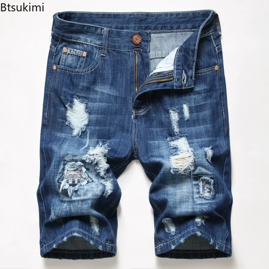 2025 New Men's Personalized Denim Shorts Fashion Retro Style Hole Casual Short Jeans Summer High Quality Straight Shorts for Men