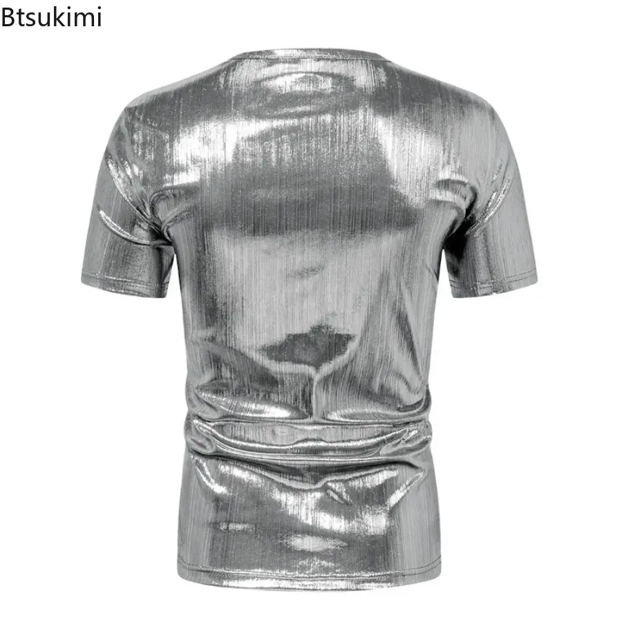 Men's Summer Street Style Hip Hop Short Sleeve T-shirts Fashion Glossy Shinny Solid Casual Tops Men Simple Slim Disco Party Tees