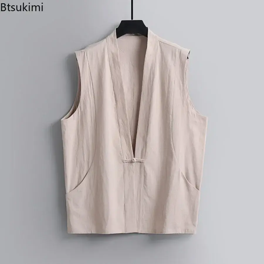 Oversized 9XL Men's Summer Sleeveless Cotton Linen Vest V-neck Loose Casual Tank Tops Chinese Style Tang Suit Vintage Waistcoat