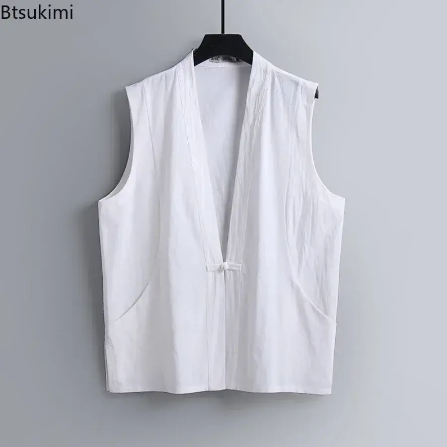 Oversized 9XL Men's Summer Sleeveless Cotton Linen Vest V-neck Loose Casual Tank Tops Chinese Style Tang Suit Vintage Waistcoat