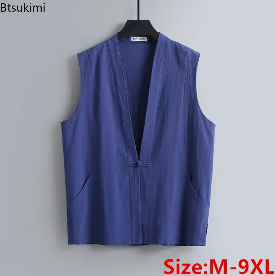 Oversized 9XL Men's Summer Sleeveless Cotton Linen Vest V-neck Loose Casual Tank Tops Chinese Style Tang Suit Vintage Waistcoat