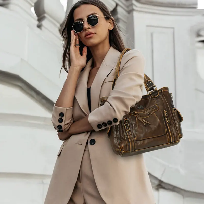  Women Handbags Multi-pockets Bag PU Satchel Fashion Lady Bronze Vintage Shoulder Bag Square Bag Tote Shoulder Purse