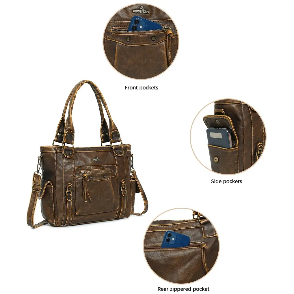 Women Handbags Multi-pockets Bag PU Satchel Fashion Lady Bronze Vintage Shoulder Bag Square Bag Tote Shoulder Purse