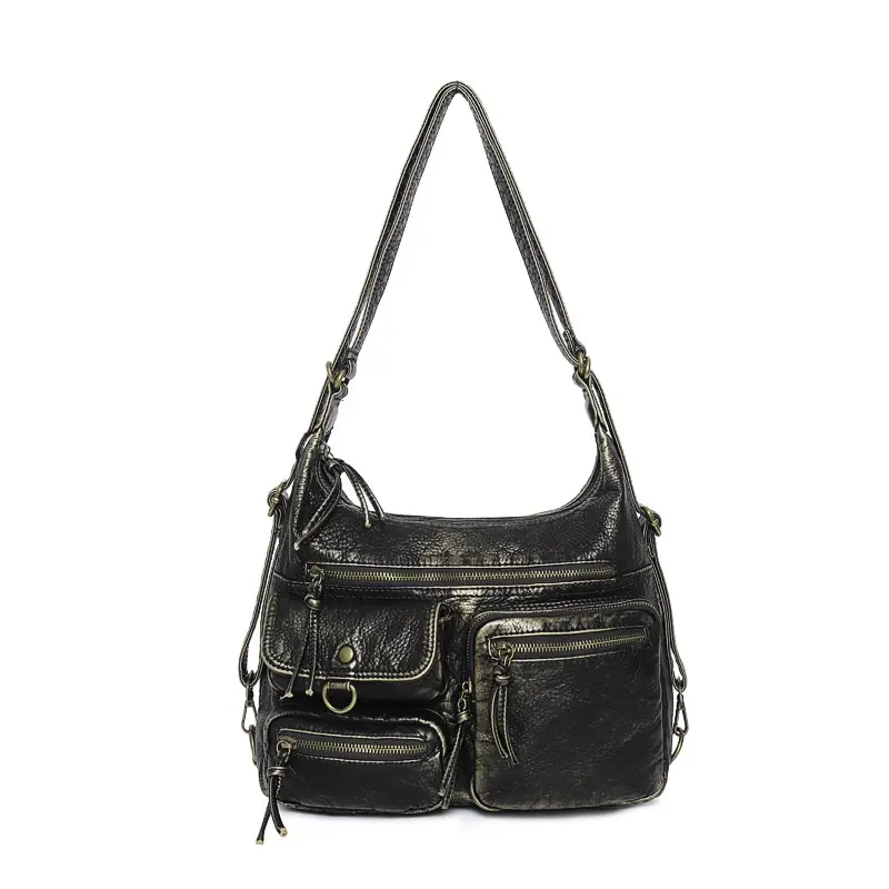 Women's Bag Large PU Shoulder Bag Fashion Top-handle Vintage Black Dyeing Dumpling Pack Multi-pockets Crossbody Bag
