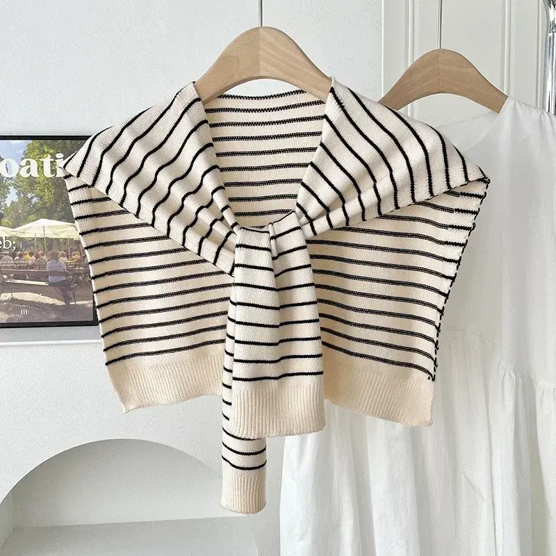 Spring & Fall Solid Color Knitted Shawl Stripe Shoulder Cape Autumn Elegant Style Outside Sunscreen Cloak For Women