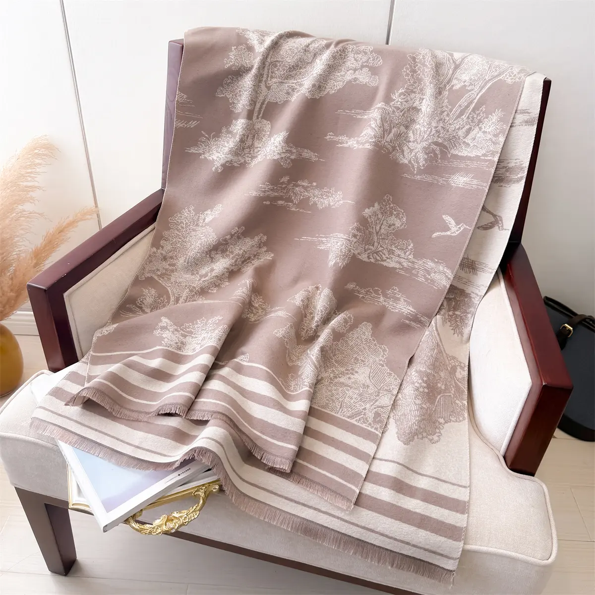 2025 New Brand Elegance Bow Print Scarf Soft Warm Fringe Pashmina Shawl Autumn and Winter Outdoor Coldproof Windproof Blanket