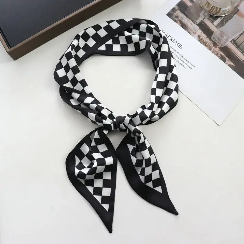 Spring/Summer Chessboard Print Ribbon Shirt Paired Scarf For Women Classic Thin Neckerchief Decorative Imitation Silk Headband