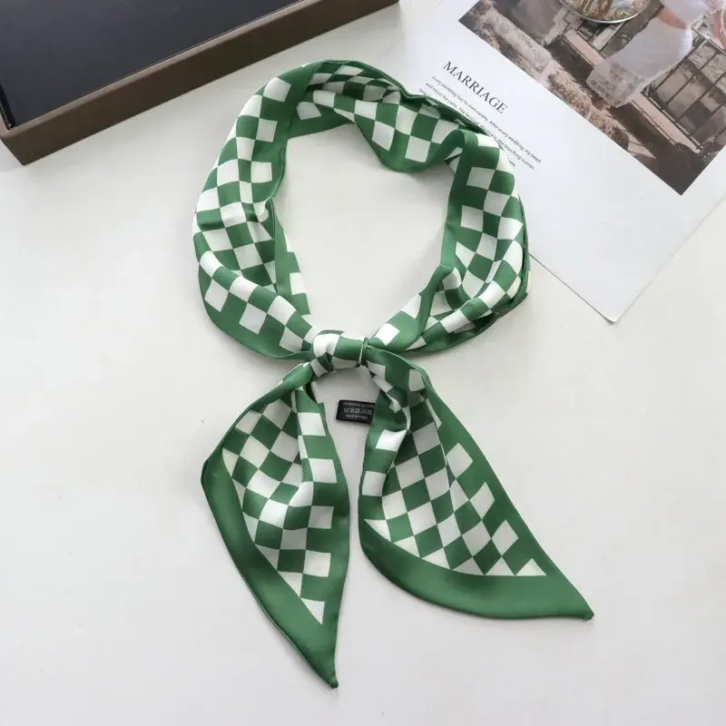 Spring/Summer Chessboard Print Ribbon Shirt Paired Scarf For Women Classic Thin Neckerchief Decorative Imitation Silk Headband