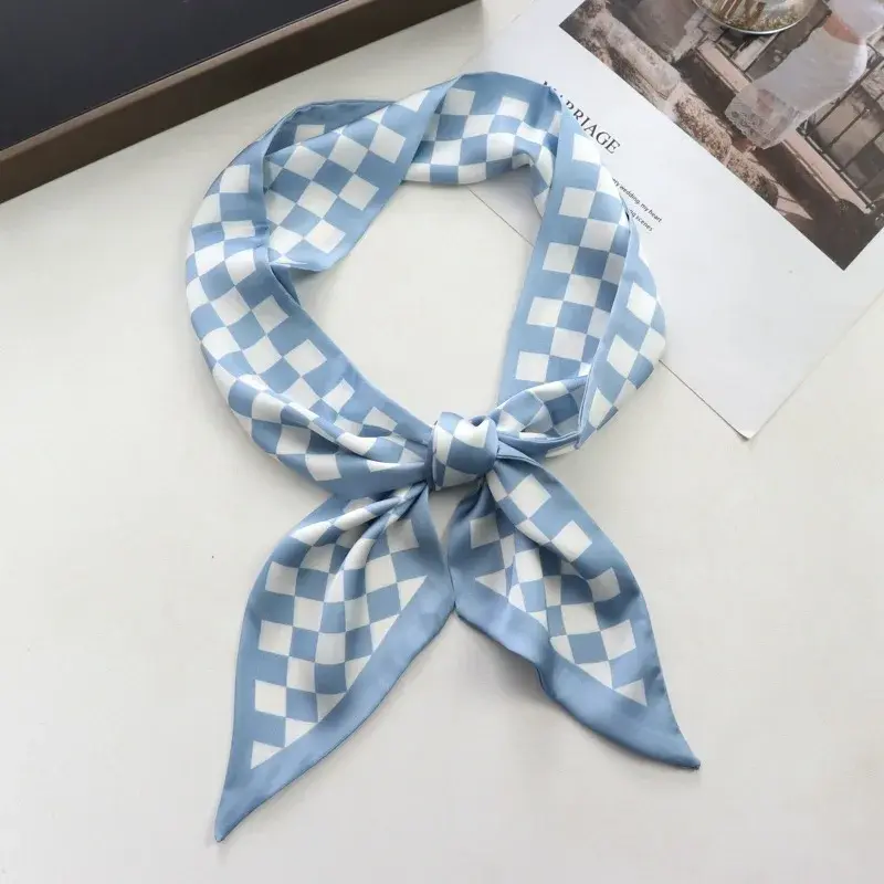 Spring/Summer Chessboard Print Ribbon Shirt Paired Scarf For Women Classic Thin Neckerchief Decorative Imitation Silk Headband