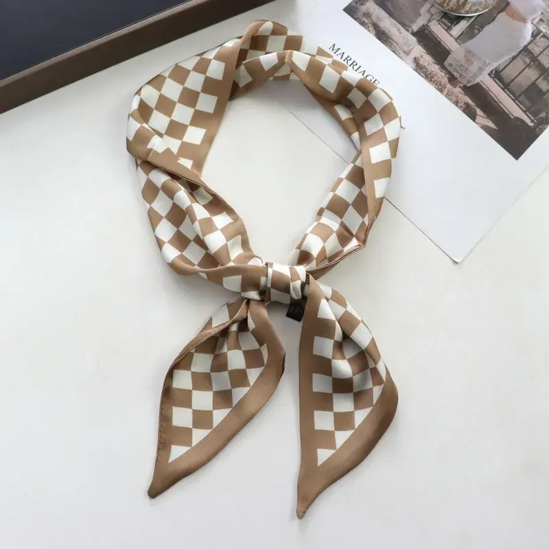 Spring/Summer Chessboard Print Ribbon Shirt Paired Scarf For Women Classic Thin Neckerchief Decorative Imitation Silk Headband
