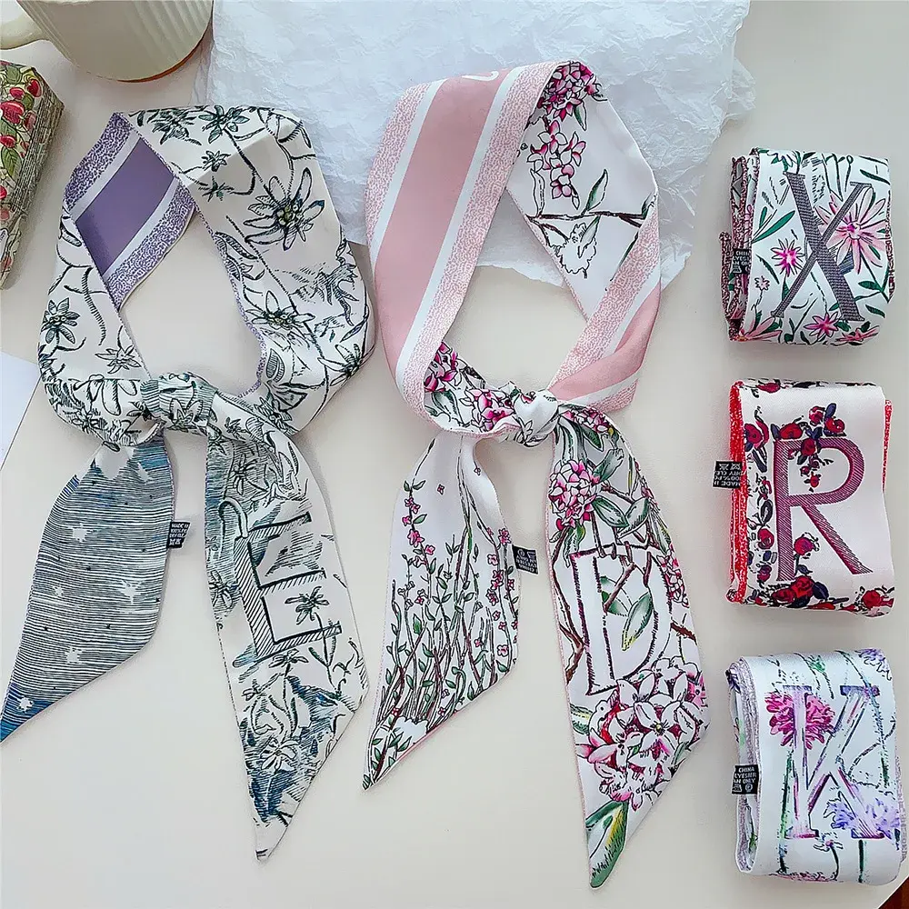 Popular Letter Print Long Scarf for Women Narrow Ribbon Headband Female Neckerchief Handle Bag Band Bandana Hair Tie Accessories