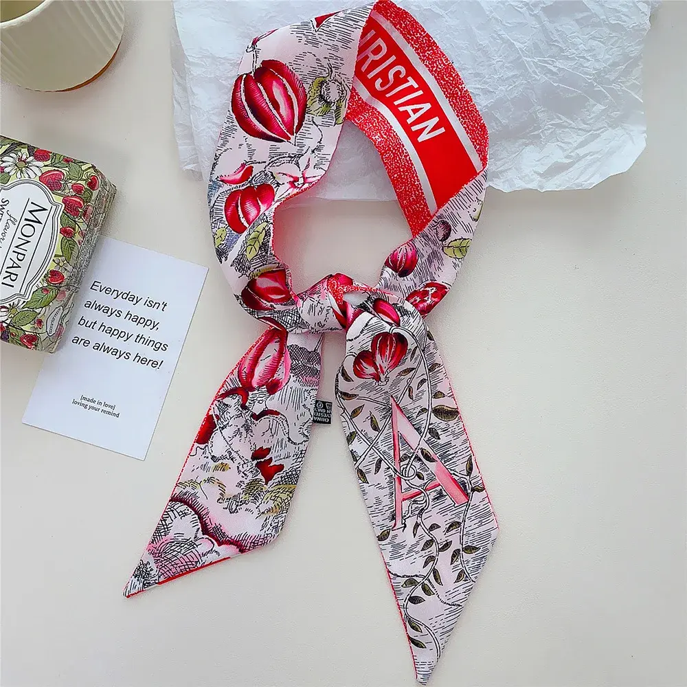 Popular Letter Print Long Scarf for Women Narrow Ribbon Headband Female Neckerchief Handle Bag Band Bandana Hair Tie Accessories