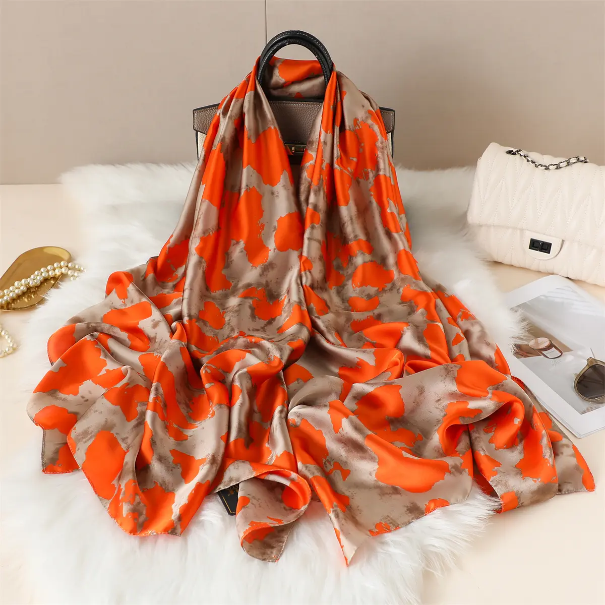 New Geometry Design Large Silk Soft Scarf Women Stylish Print Long Shawl Handkerchief Summer Sun protection Elegant Travel Wrap