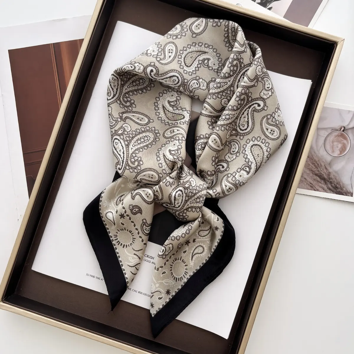 Luxury Plaid Leaf Print Satin Square Scarf Soft Lightweight Women Fashion Accessory for Hair Neck Shawl Elegant Hair Scarf