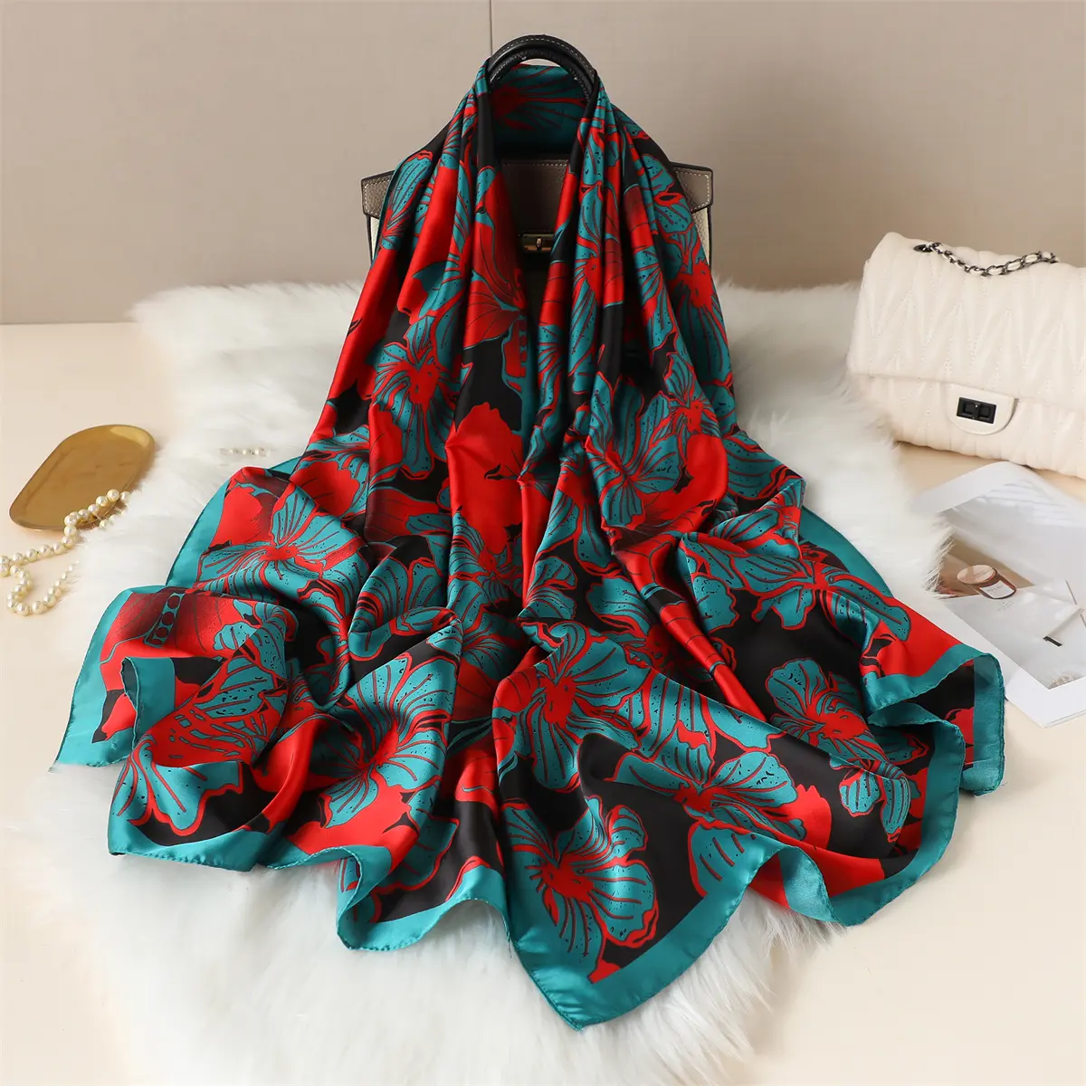New Geometry Design Large Silk Soft Scarf Women Stylish Print Long Shawl Handkerchief Summer Sun protection Elegant Travel Wrap