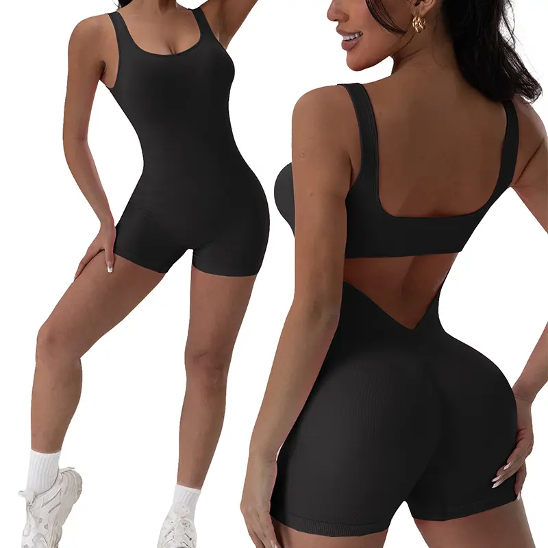 Yoga Suit U Neck Sleeveless Yoga Set Sports Jumpsuit Threaded Stretch Solid Elastic Bodysuit With Bust Pads Summer Backless