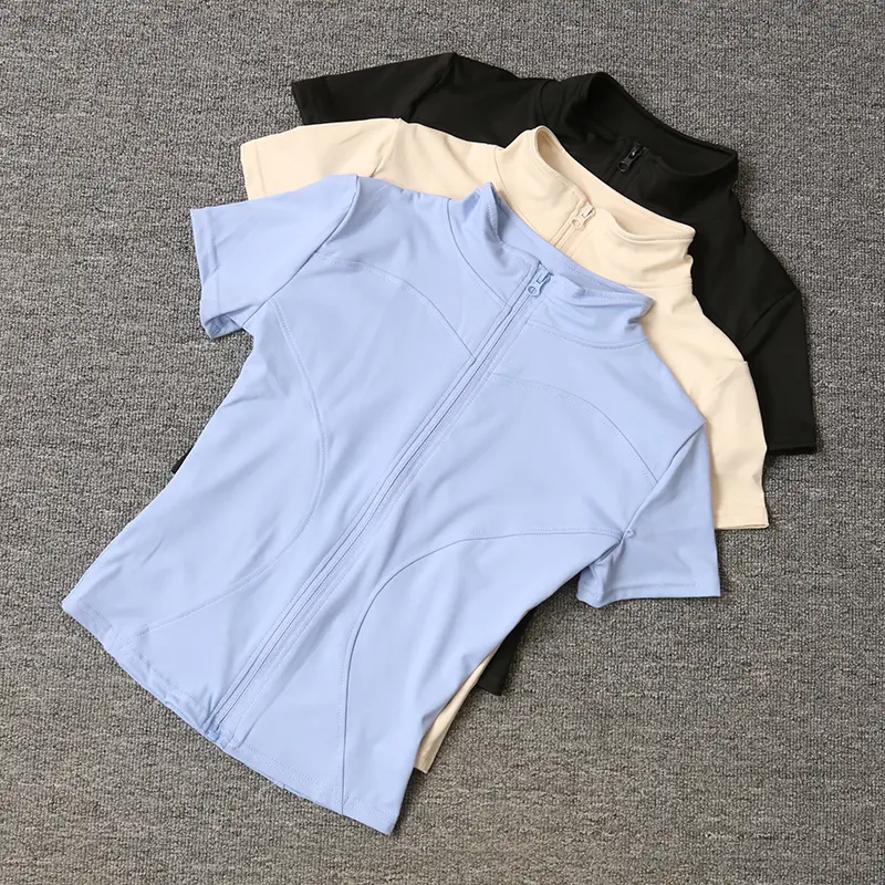 Women Summer Slim Yoga Tops Stand Collar Quick-drying Full Zipper Short Sleeves Shirts Solid Workout Clothes Gym Running Coats