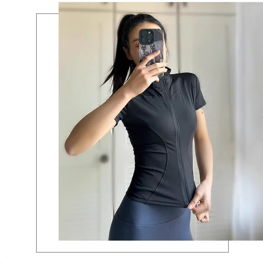 Women Summer Slim Yoga Tops Stand Collar Quick-drying Full Zipper Short Sleeves Shirts Solid Workout Clothes Gym Running Coats