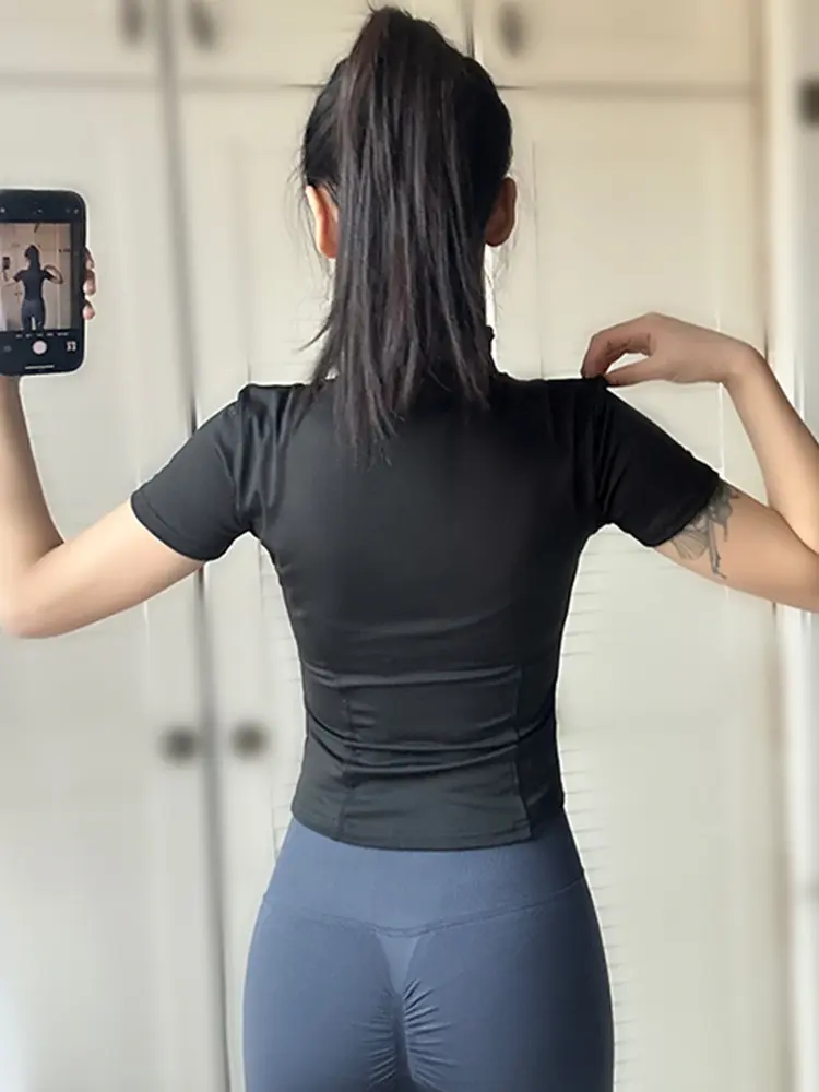 Women Summer Slim Yoga Tops Stand Collar Quick-drying Full Zipper Short Sleeves Shirts Solid Workout Clothes Gym Running Coats