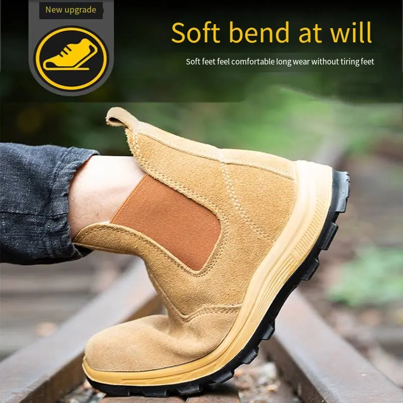 Cowhide Upper Soft Comfortable Work Shoes Men Anti-smashing Anti-piercing Anti-scalding Steel Toe High-top Safety Shoes