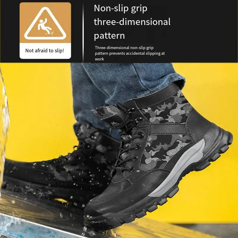 Waterproof Safety Shoes Soft Comfortable Work Shoes Men Anti-smashing Anti-scalding Steel Toe High-top Camouflage Boots