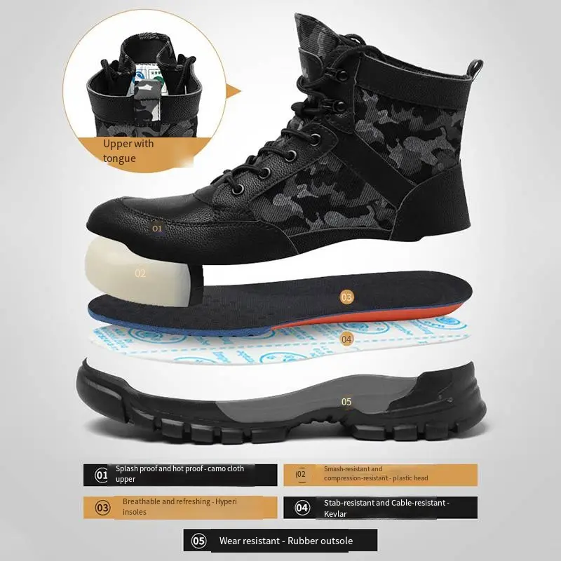 Waterproof Safety Shoes Soft Comfortable Work Shoes Men Anti-smashing Anti-scalding Steel Toe High-top Camouflage Boots