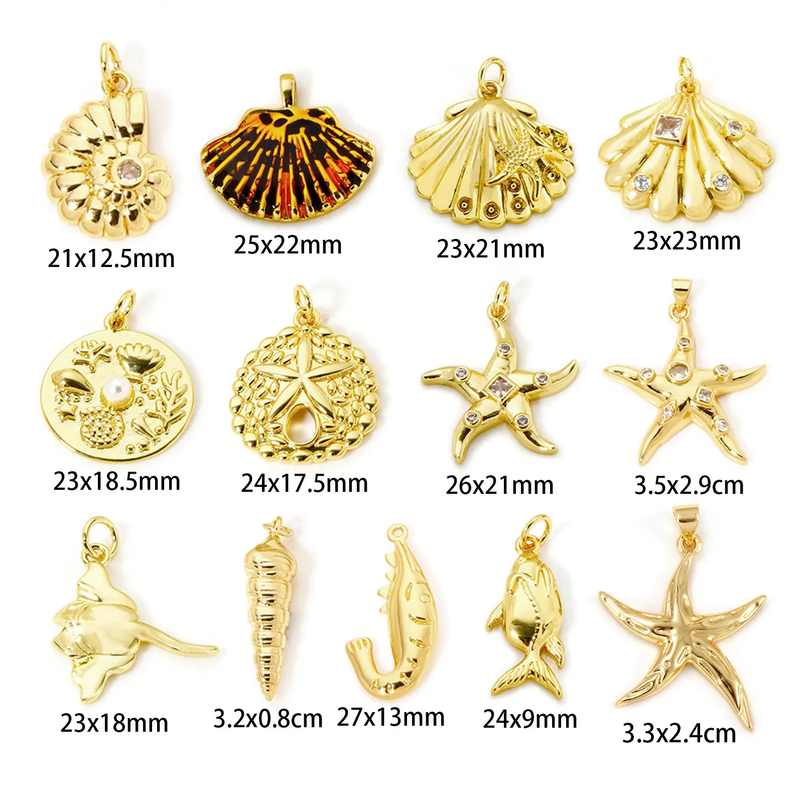 2 Piece Brass Ocean Jewelry Pendants 18K Gold Plated Conch Shrimp Starfish Fish Shell Charms For DIY Necklace Jewerly Making