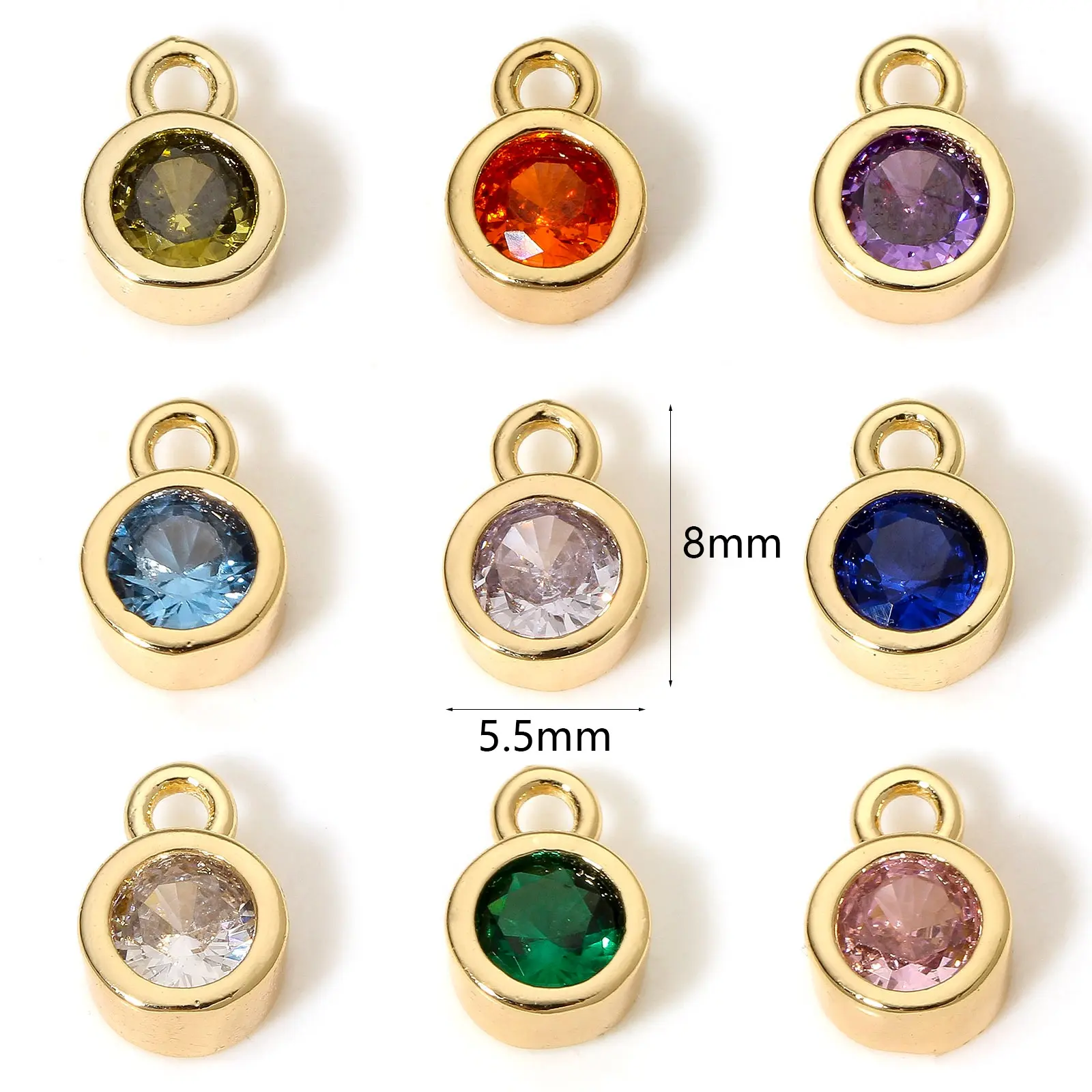 2PCs Classic Brass Birthstone Charms For Necklace DIY 18K Real Gold Plated Round Multicolour Cubic Zirconia Pendant 8mm x 5.5mm