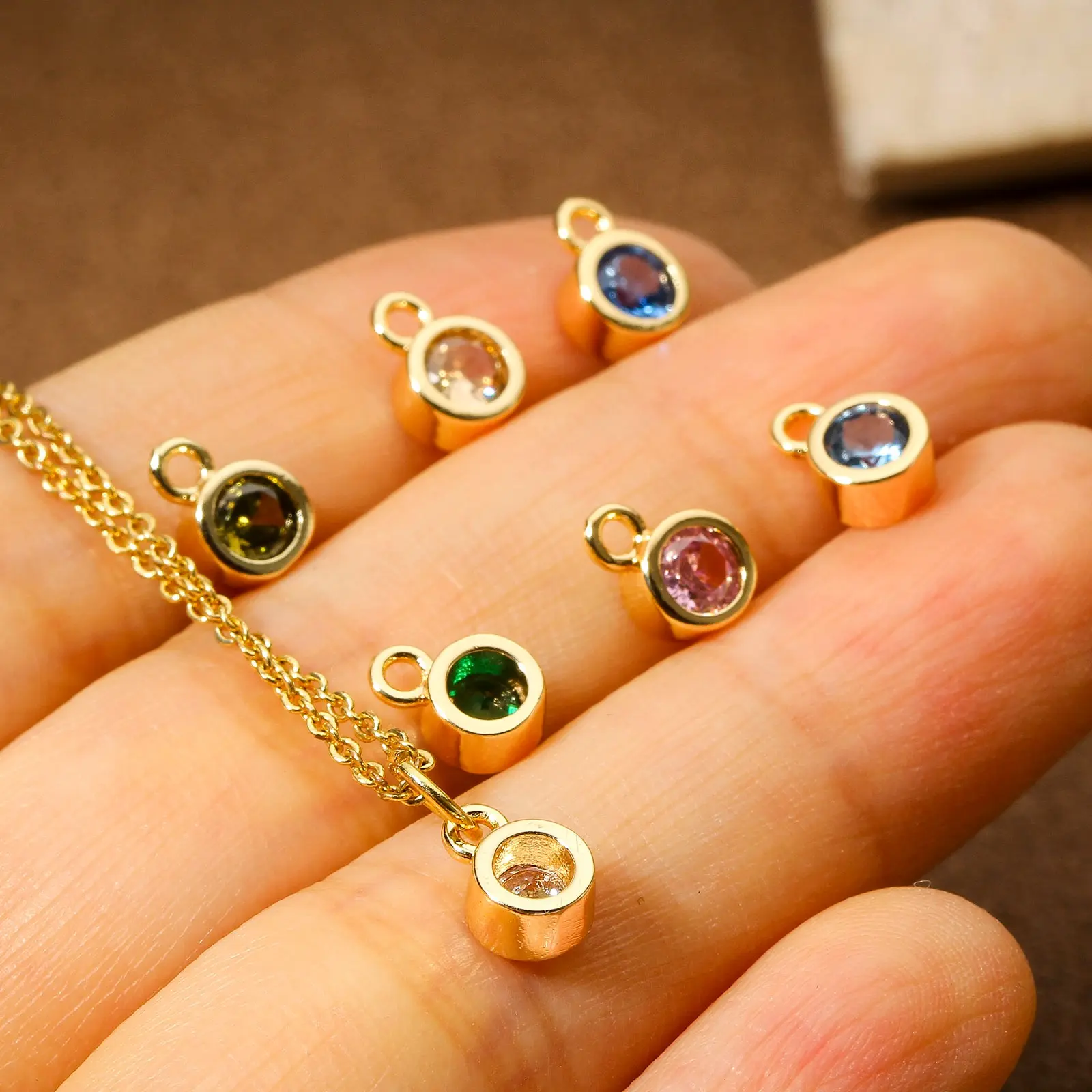 2PCs Classic Brass Birthstone Charms For Necklace DIY 18K Real Gold Plated Round Multicolour Cubic Zirconia Pendant 8mm x 5.5mm
