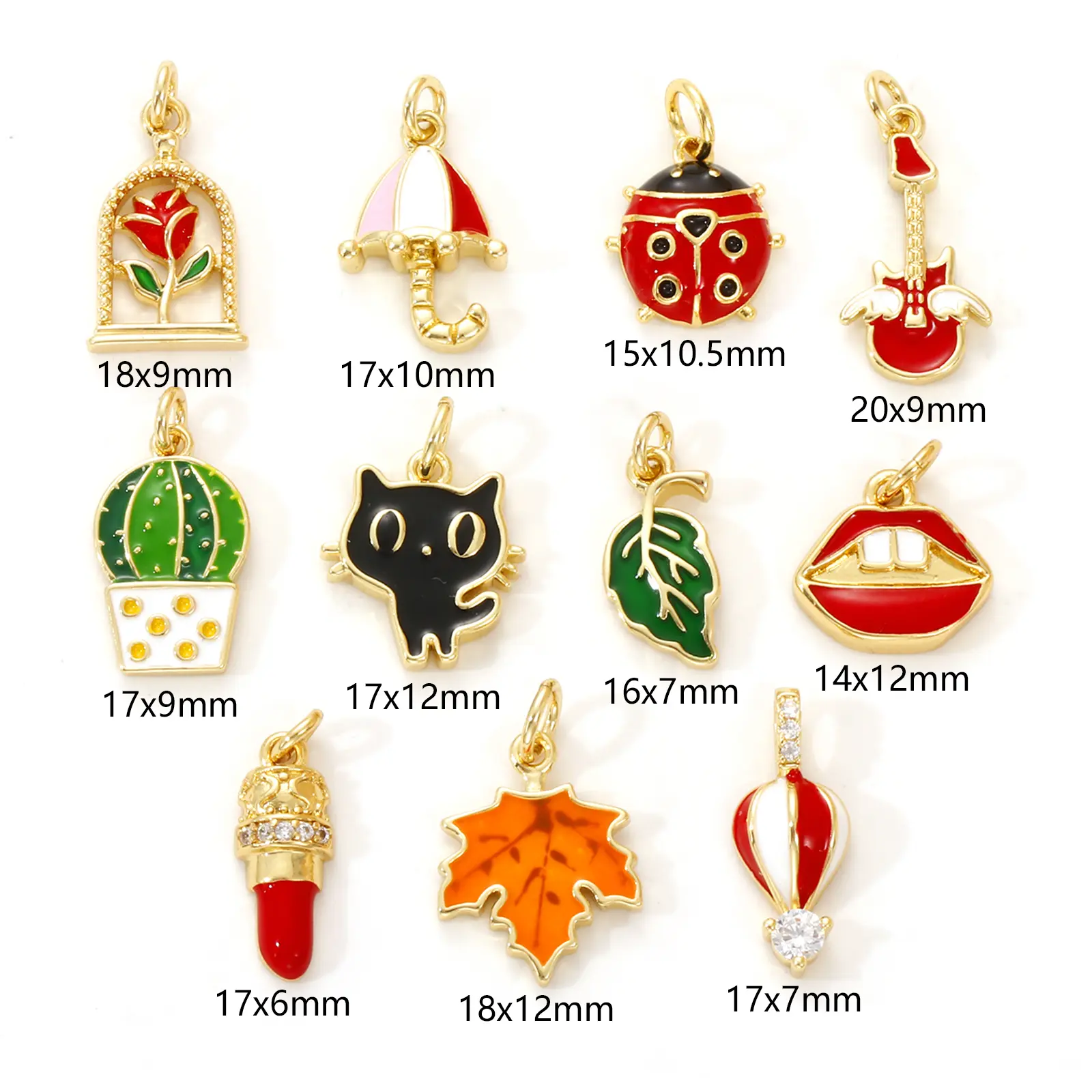 2 PCs Brass Charms 18K Gold Plated Enamel Lip Hot Air Balloon ladybug Leaf Kitty Pendants For DIY Necklace Jewelry Making