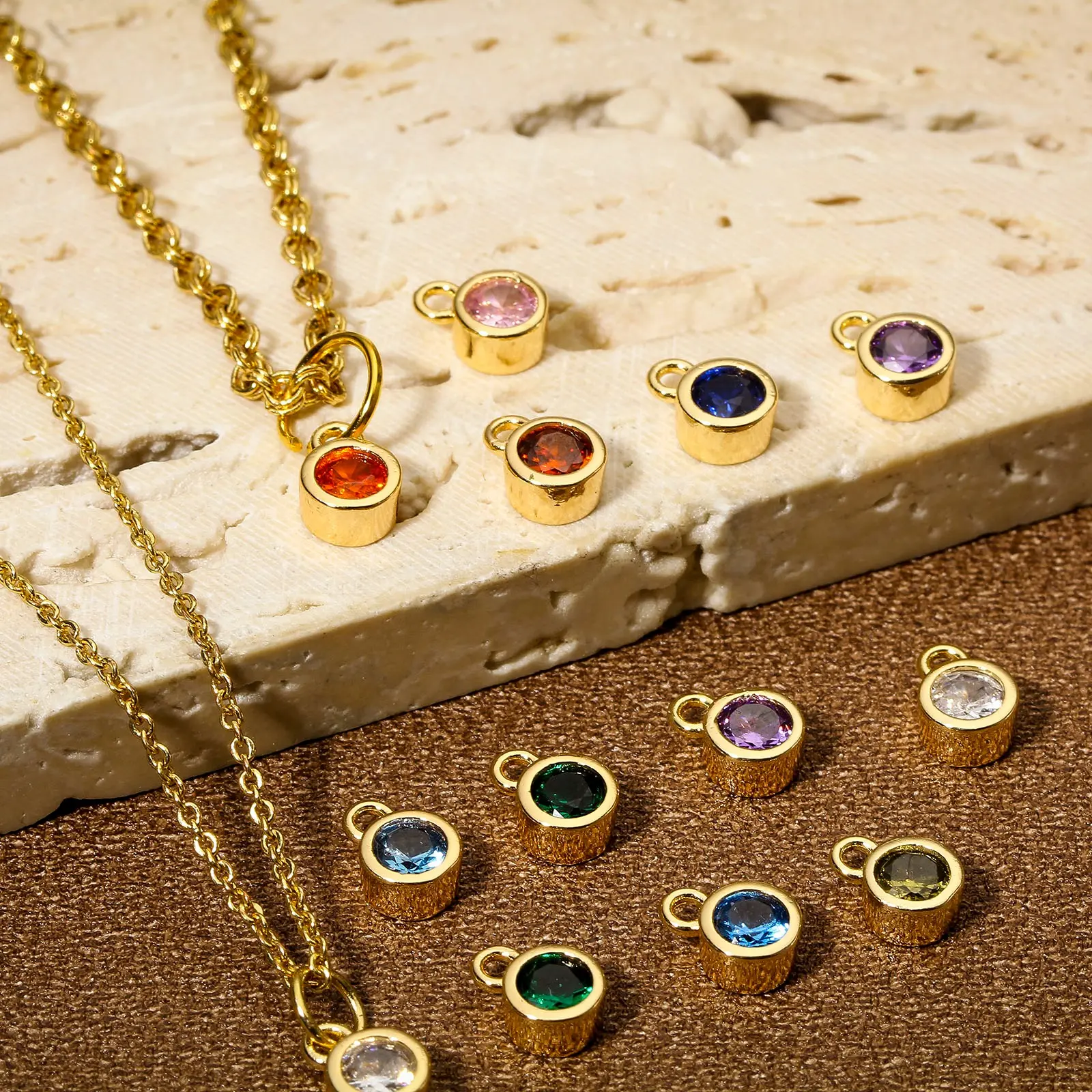 2PCs Classic Brass Birthstone Charms For Necklace DIY 18K Real Gold Plated Round Multicolour Cubic Zirconia Pendant 8mm x 5.5mm