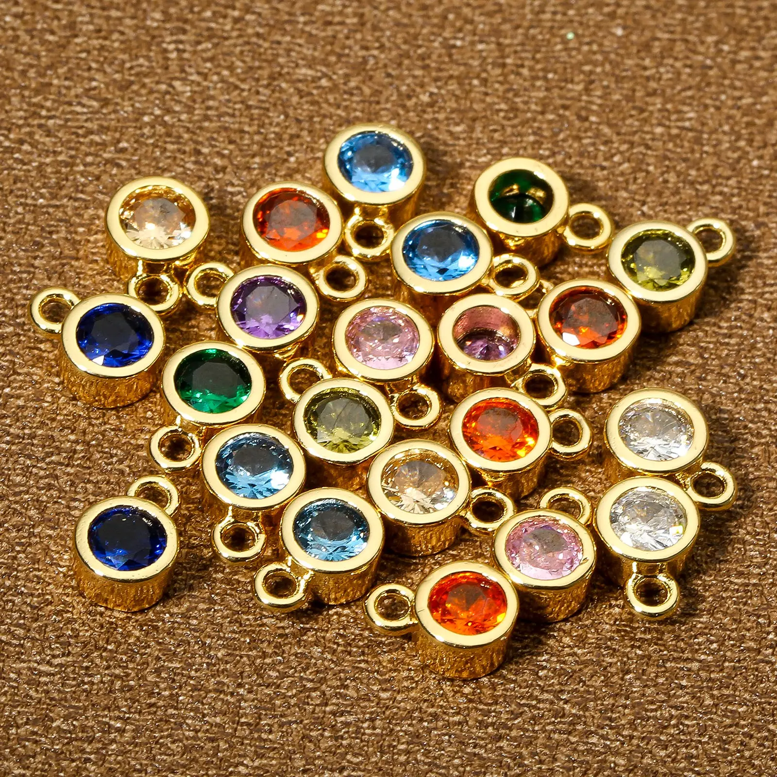 2PCs Classic Brass Birthstone Charms For Necklace DIY 18K Real Gold Plated Round Multicolour Cubic Zirconia Pendant 8mm x 5.5mm