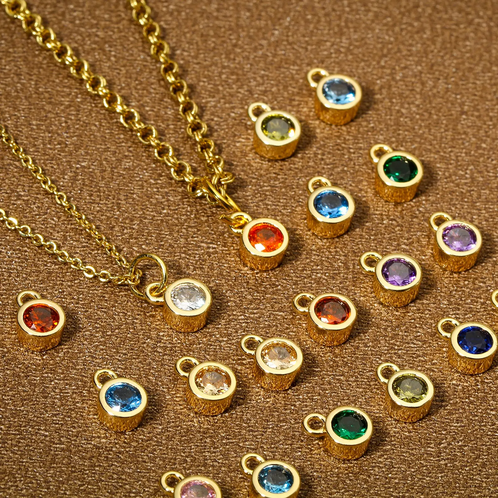 2PCs Classic Brass Birthstone Charms For Necklace DIY 18K Real Gold Plated Round Multicolour Cubic Zirconia Pendant 8mm x 5.5mm