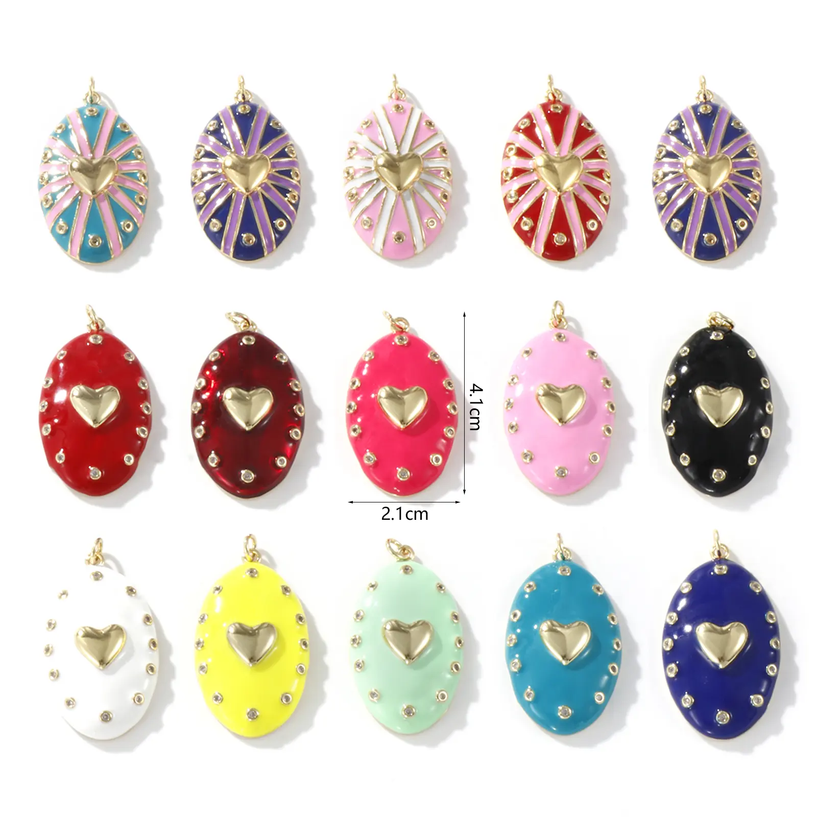 1 Piece Brass Valentine's Day Pendants 18K Real Gold Plated Enamel Oval Heart Clear Cubic Zirconia Charms Neckalce 4.1cm x 2.1cm