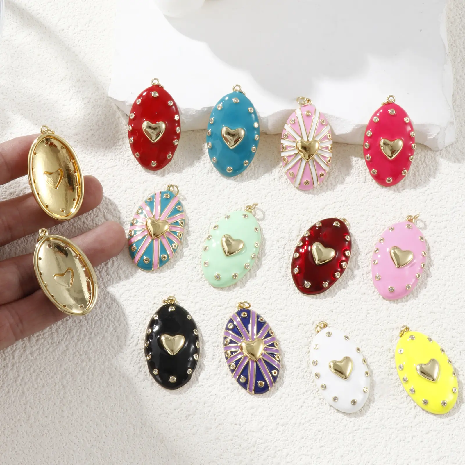 1 Piece Brass Valentine's Day Pendants 18K Real Gold Plated Enamel Oval Heart Clear Cubic Zirconia Charms Neckalce 4.1cm x 2.1cm