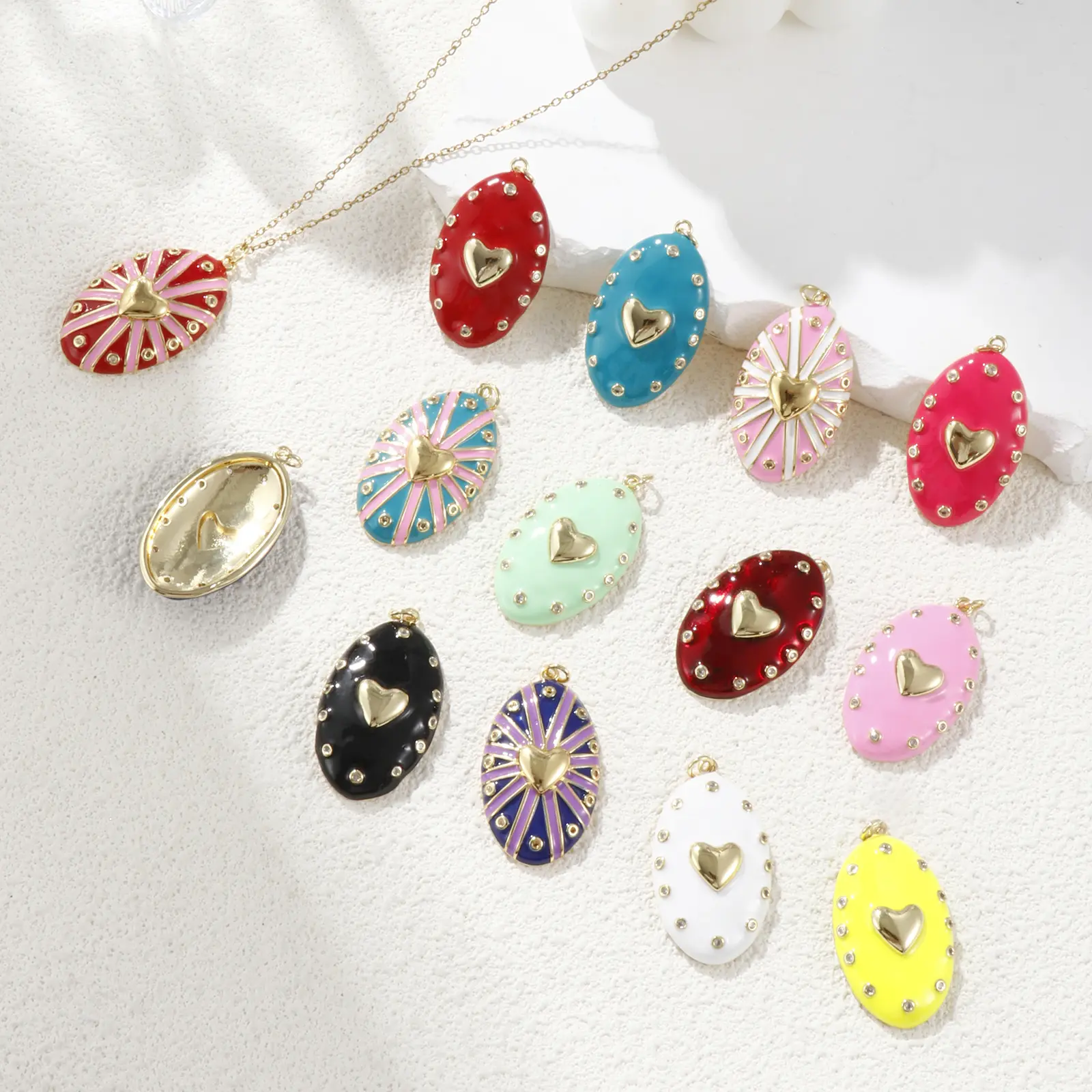 1 Piece Brass Valentine's Day Pendants 18K Real Gold Plated Enamel Oval Heart Clear Cubic Zirconia Charms Neckalce 4.1cm x 2.1cm