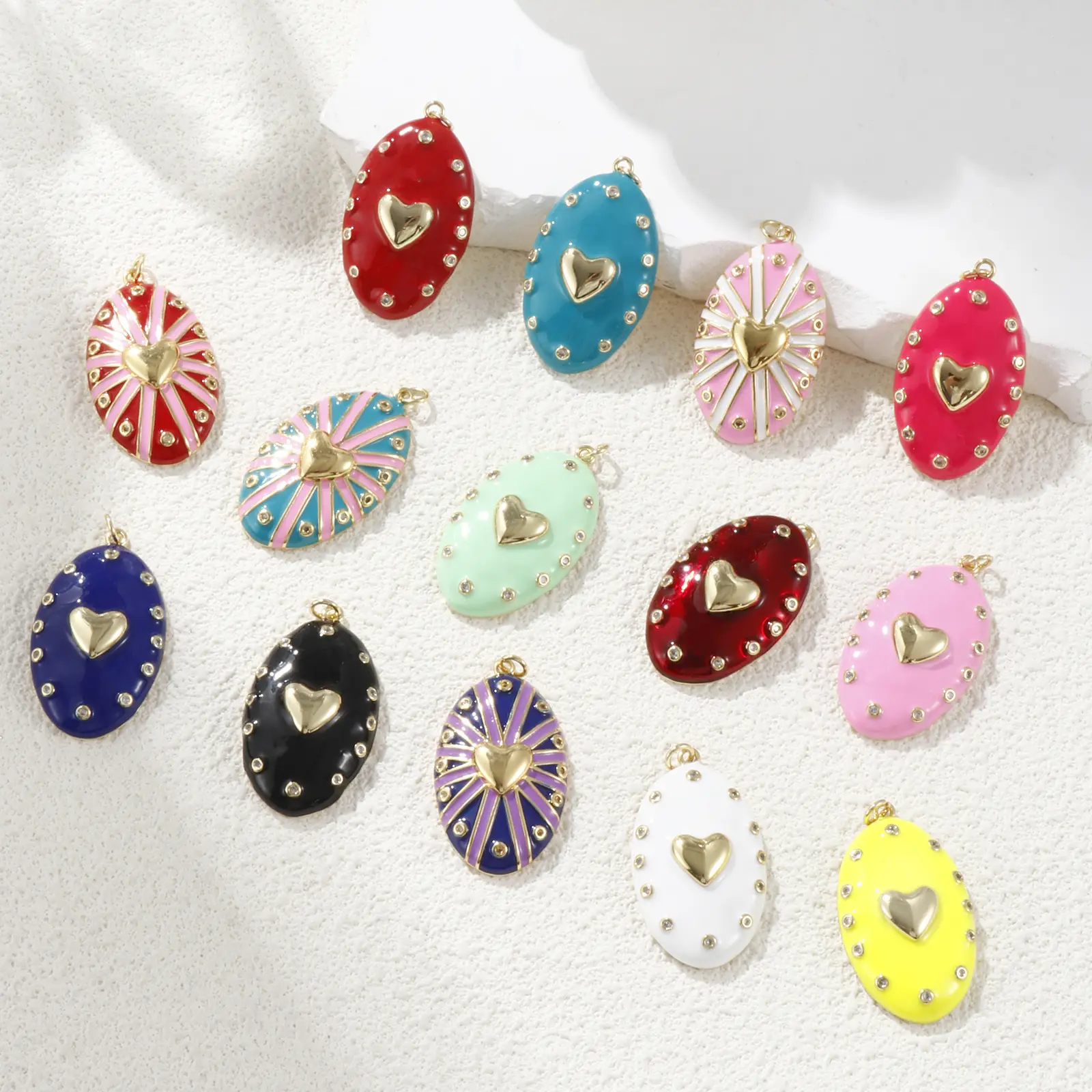 1 Piece Brass Valentine's Day Pendants 18K Real Gold Plated Enamel Oval Heart Clear Cubic Zirconia Charms Neckalce 4.1cm x 2.1cm