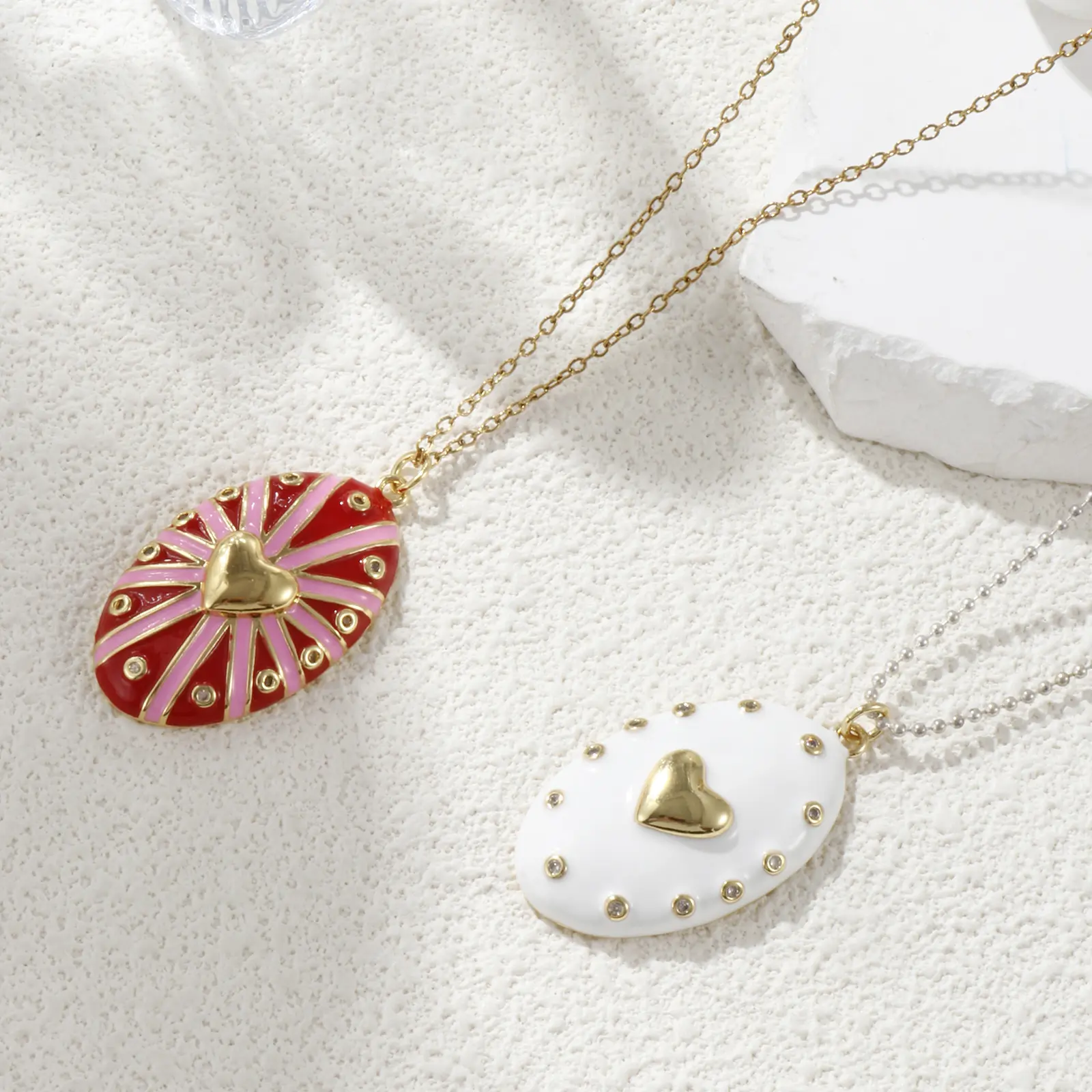 1 Piece Brass Valentine's Day Pendants 18K Real Gold Plated Enamel Oval Heart Clear Cubic Zirconia Charms Neckalce 4.1cm x 2.1cm