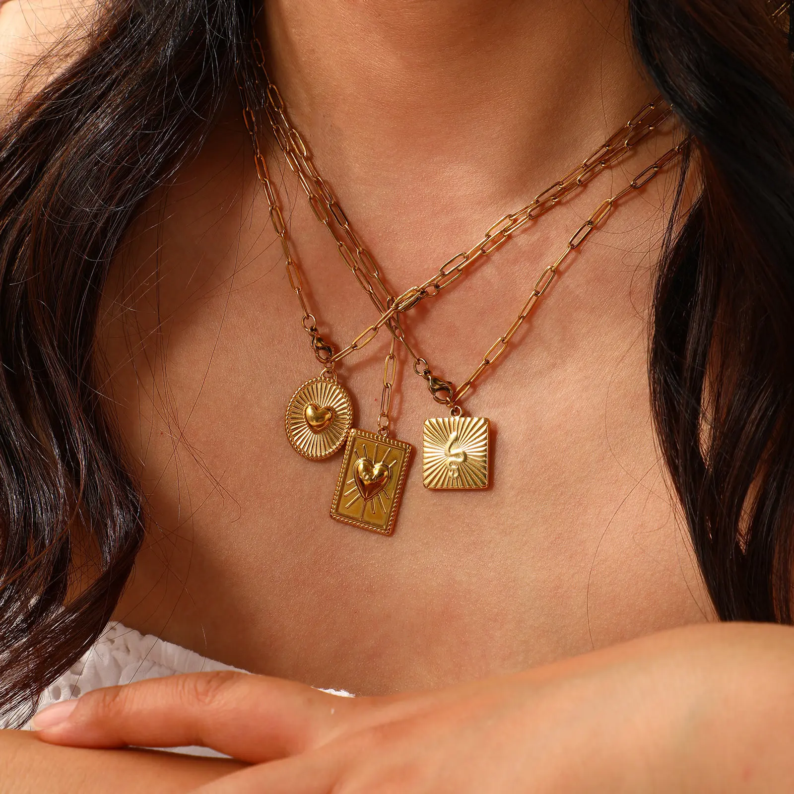 Stylish 18K Gold Plated 304 Stainless Steel Necklace Paperclip Link Chain Heart Square Snake Pendant Necklace For Women 60cm